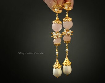 Rose Quartz Earrings Stone Earrings Pearl Earrings Drop Earrings Delicate Earrings Birthstone Earrings Long Earrings Gemstone Earrings