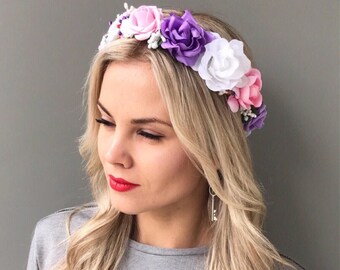 Purple white flower crown wedding flower headband Flower hair wreath Bridal floral crown boho flower crown Wedding flower crown flower halo