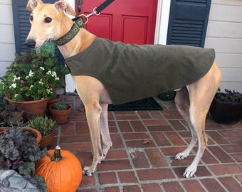 Greyhound Dog Coat, XL Dog Jacket, Olive Green Corduroy with Camo Fleece Lining