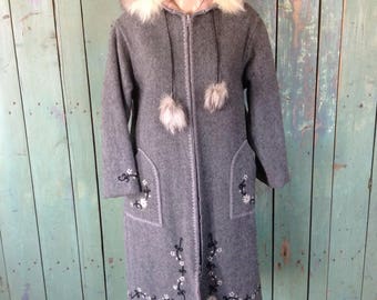 Vintage Womens Gray Handmade embroidered wool coat Real fur trim Eskimo Parka Fur pom poms