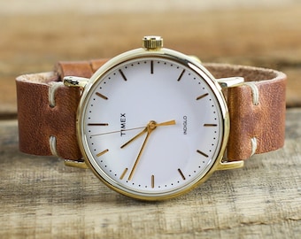 Timex® Watch + Leather Watch Strap | Leather Watch Band + Womens Watch | Gold Timex Weekender Fairfield | Horween Leather English Tan