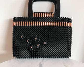 vintage beaded handbag with wood handles // black and copper