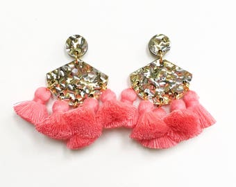 5 TASSEL earrings. Gold and silver glitter acrylic, salmon tassels.