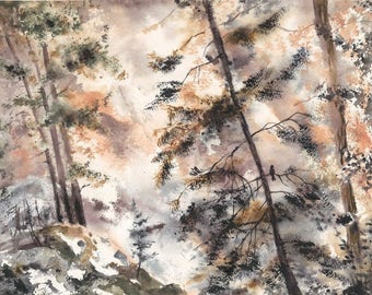 Original handmade watercolor painting NEVADA FALLS Yosemite Valley 9x12 in