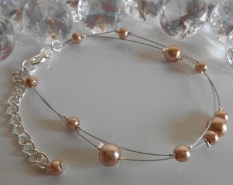 Bracelet wedding 2 rows beige pearls