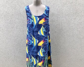 Vintage 90s Sleeveless Semi-Sheer Fish Print Sundress, 90s Women's Clothing, Vintage Boho Dress, Tropical Dress, Summer Dress, Size L