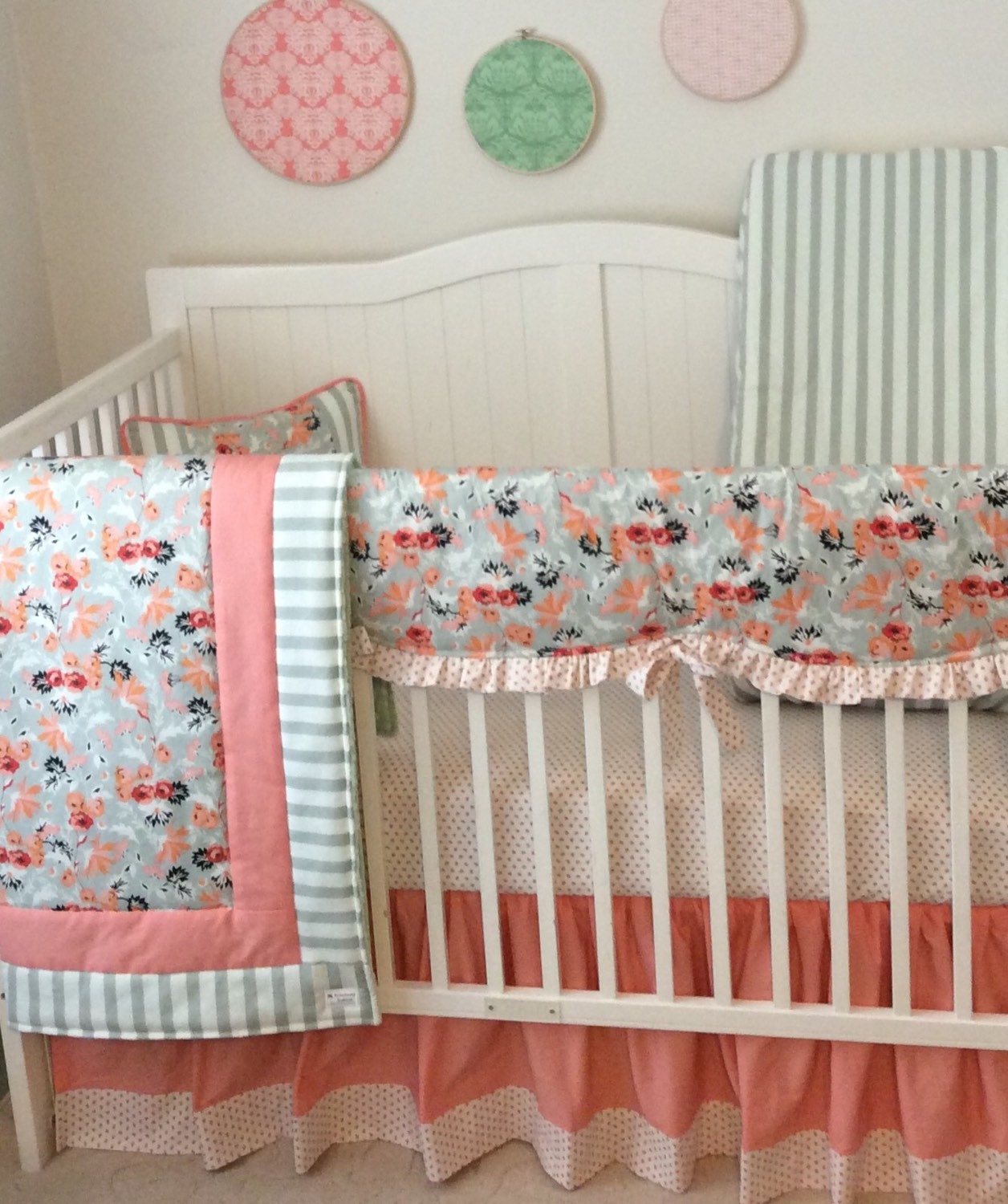 Baby Girl Crib Bedding Set Peach Coral and Minty Sage Floral