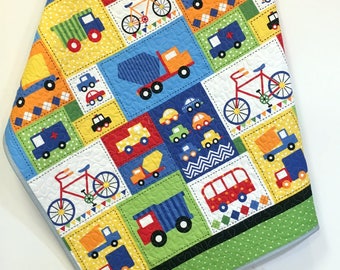 Trucks Baby Quilt-Boy- Handmade Crib Quilt-Nursery Bedding-Crib Bedding-primary colors-firetruck-cars-bikes