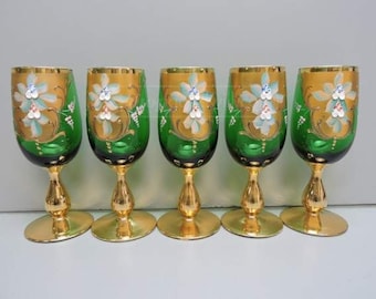 Bohemian Wine Goblet, Emerald Green with gold accent , set of 5