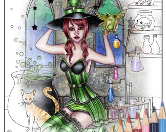 Digital Stamp - Printable Coloring Page - Fantasy Art - Witch Stamp - Ashlyn Version 2 - by Nikki Burnette - PERSONAL USE