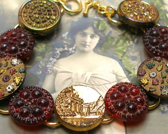 Victorian Archeology BUTTON. Ancient Ruins on gold bracelet. Present, gift. 7.5" button jewellery bracelet.