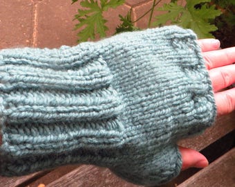 Pale Blue Texting Mittens, Blue Green Hand Knit Fingerless Mittens