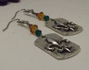 Mardi Gras earrings, Dangle, Beaded with fleur de lis charm, New Orleans, Carnival