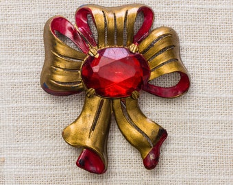 Red & Gold Vintage Bow Brooch 1920s - 1930s Art Deco Broach Vtg Pin 7ii
