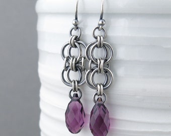 Amethyst Earrings Silver Dangle Earrings Sterling Silver Earrings Purple Crystal Earrings Bohemian Jewelry Birthstone Jewelry - Teardrop