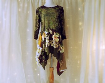 L/XL Patchy Funky Tunic, Hippie Clothing, Tee Shirt Dress, Festival Clothing, Boho Shabby Chic, Lagenlook Upcycled Patchwork Tunic Top