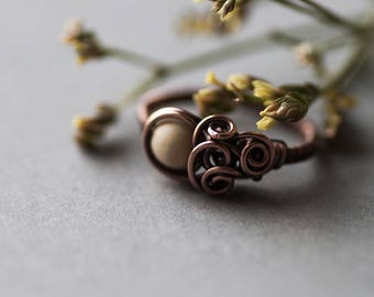 Ivory Ring, Copper Rustic Woodland Ring, Wire Ring, Bohemian Rustic Ivory Tone Ring