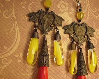 Vintage Czech Earrings DRAMATIC Glass chandelier drops nouveau fairy with wings and butterfly shoulder duster