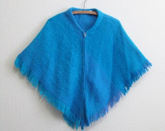 Wool Poncho Finland - Blue Fringe Wrap - Turquoise Wool Finnish