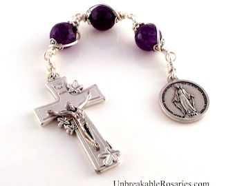 Miraculous Medal Amethyst Jade Three Hail Mary Rosary Chaplet w Italian Lily Crucifix by Unbreakable Rosaries