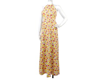 Vintage 70s Maxi Dress - 70s Halter Dress - Floral Maxi Dress - Lanz Dress - Daffodils Peonies - Yellow Maxi Dress - Backless Dress - Ditsy