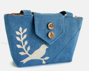 SALE - Bird on Branch Applique - Denim Wayfarer Purse - Handmade Applique - Shoulder Bag - Vegan