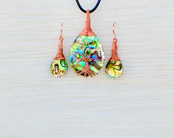 Tree of Life copper wire wrapped Abalone pendant and matching Earrings