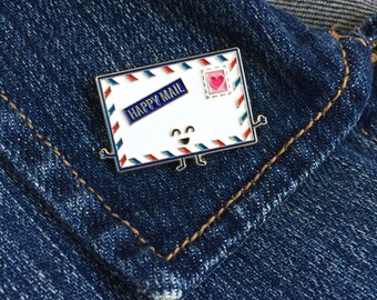 Happy Mail Enamel Pin - envelope snail mail stamp air mail letter lapel