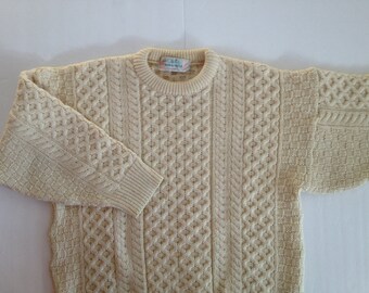 Irish Fisherman Sweater in Oatmeal Cream Wool Cable / Thick Wool Sweater by Quill's Woolen Market Ireland / Rich Irish Knit / L XL
