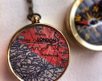 Personalized map necklace, Custom Two Maps one Compass, choose two cities, personalized his hers anniversary