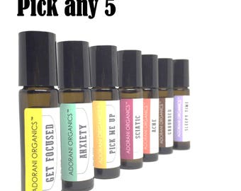 Pick 5 Essential Oil Rollers | EO Set | Organic Oils | Essential Oils | Essential Oil Blends | Aromatherapy Gift by Adorani Organics