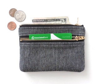 Wallet Coin Purse Double Zipper Pouch Black Stripe