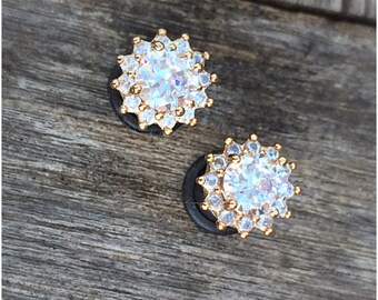 Pair 24k gold plated Faceted clear zircon crystal plugs for gauged ears: 6g (4mm), 4g (5mm), 2g (6mm), 1g (7mm), 0g (8mm)