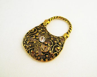 BF55 - Charm bag-in-hand Charm with Rhinestones, Antique gold color