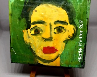 Outsider Folk Art Brut Miniature Block Portrait Painting With Wood Easel JACOB Travel