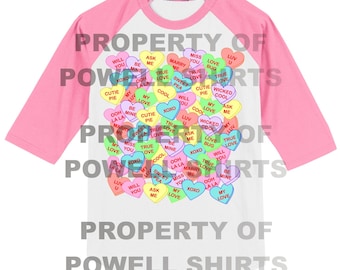 Conversation Hearts Valentines T Shirt - Raglan - Many colors available