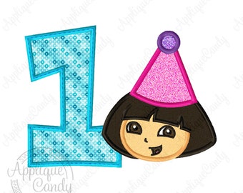 Birthday 1 Dora Applique Machine Embroidery Design Digital File 4x4 5x5 5x7 6x10 explorer party hat shirt INSTANT DOWNLOAD