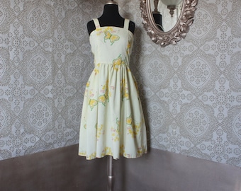 Vintage 1960's 70's Yellow Sundress with Butterfly and Floral Print M/L