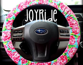 Steering Wheel Cover First Impression Rose w/ Matching Keychain Option - Pink and Turquoise - add Grip Stop Option - Girls Car Accessories