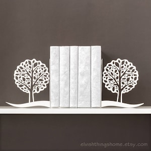 Book ends Trees Bookends Bookworm for her Metal bookends Modern decor Book shelf Housewarming gift Book lover gifts - white