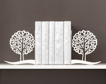 Book ends Trees Bookends Bookworm for her Metal bookends Modern decor Book shelf Housewarming gift Book lover gifts - white