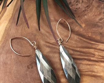 Wire Wrapped Pyrite Drop Earrings 2.75"