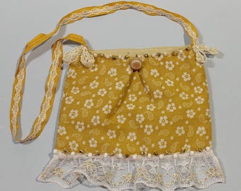 6"x5" Mini Neck Purse Little Golden Yellow Flower Fabric Party Bag Makeup Dress Up Cosmetic Small Necklace Dance Amulet Phone Size Gift Idea