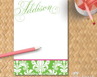 Addison Damask 5x7 Notepad - 50 or 100 Sheets - Personalized Floral Writing Paper - Custom Pad Stationary - Gift Set Option with Envelopes