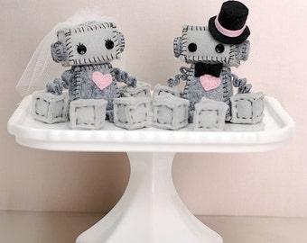 Mini Robot Cake Toppers - Bride and/or Groom Robots - Geek Wedding Plush Robots