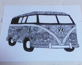 A5 Art print - Henna Mehndi art - VW Camper - Campervan - Zentangle - Mandala