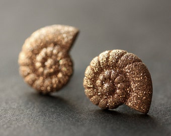 Snail Shell Earrings. Glitter Seashell Earrings. Bronze Post Earrings. Beach Earrings. Sea Shell Earrings. Stud Earrings. Handmade Jewelry.