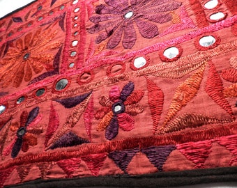 Vintage Indian Decorative Embroidered Patchwork Wall Panel / Hanging with Mirror Work 1970s Ethnic Rajastan
