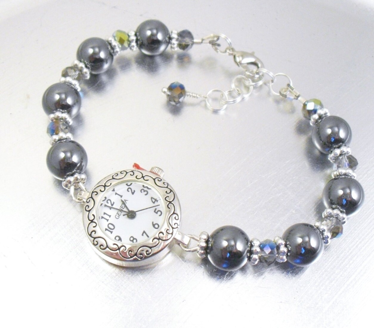 Beaded Bracelet Watch Hematite and Vitrail Crystal Glass
