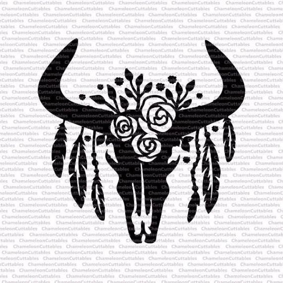 cow skull with feathers single layer/color SVG eps png